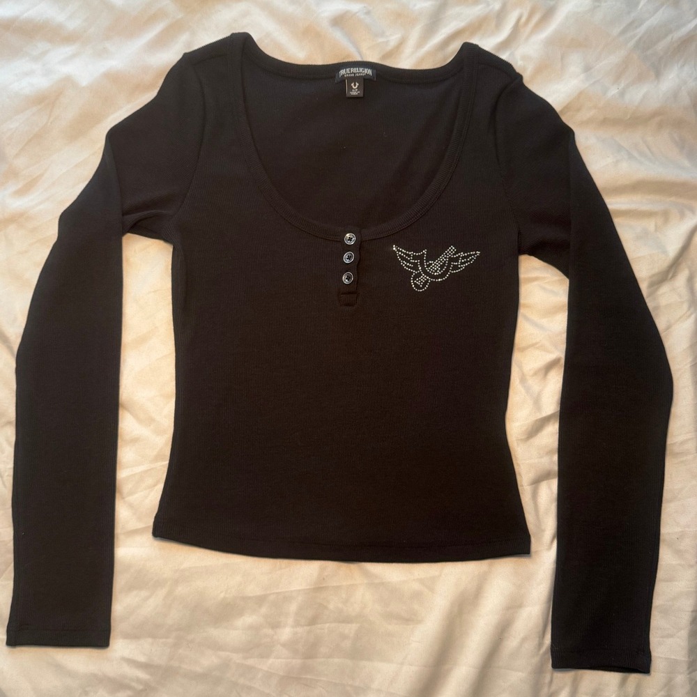True Religion Thermal/Henley Long Sleeve Top Womens Small Black Rhinestone Y2K‎
